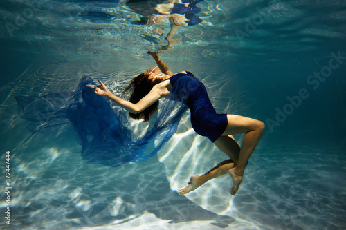  Woman in blue dress under water.
