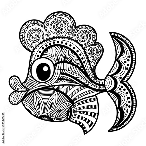 Fish richly decorated with patterns. Vector illustration in Zentangle style. Hand-drawn monochrome design elements.  Coloring book page 