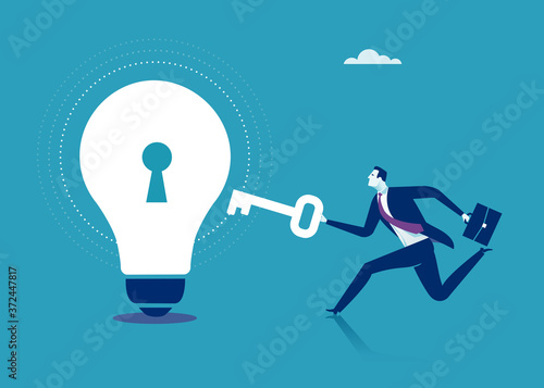 Unlock solution. The manager brings a solution to the problem. Vector illustration..