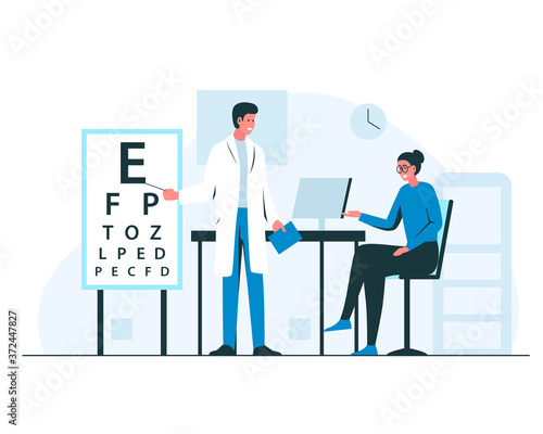 Ophthalmologist appointment interior. Vector concept illustration of male doctor oculist in the cabinet consulting female patient in eyeglasses and cheking her eyesight with a letters on a white board