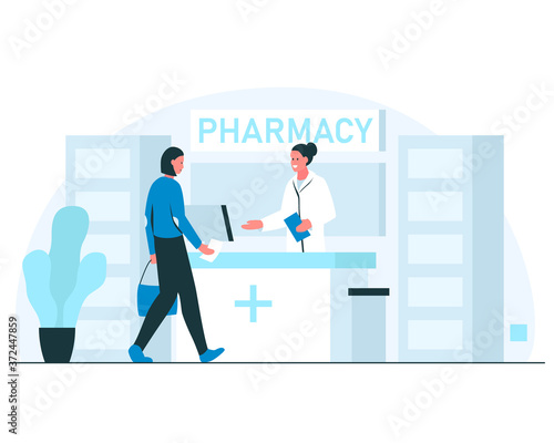 Pharmacy concept illustration. Smiling female pharmacist greeting visitor in a modern pharmacy interior. Vector illustration of woman coming to the pharmacy to buy medicines with the prescription