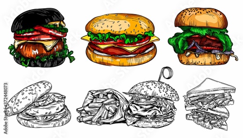 Raster illustrations in the sketch style with detailed drawings of fast food, rolls, and other food. High-quality detailed drawing of all elements.