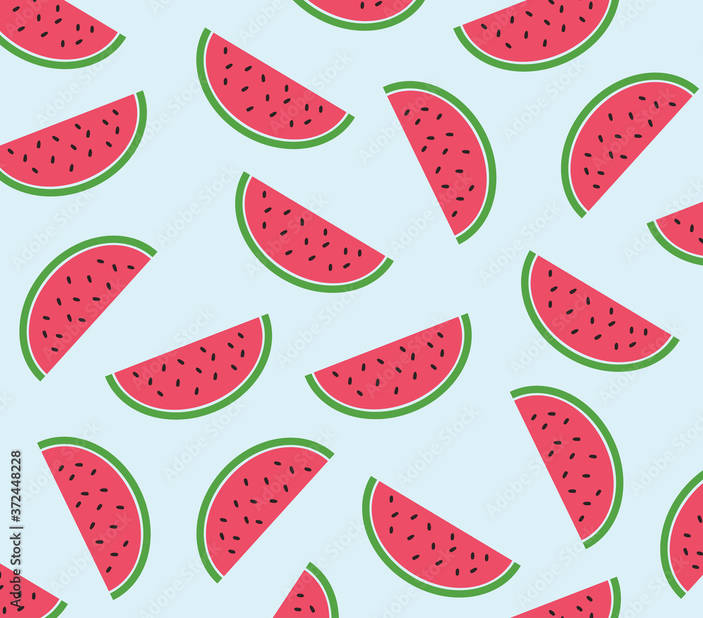 Naklejka Cute watermelon pattern on blue background. Vector pattern with watermelon slices.