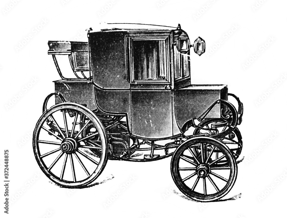 Fototapeta premium Electric car by Darracq system in the old book Big Encyclopedia, vol. 1, S. Petersburg, 1904