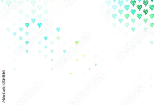 Light Blue, Green vector background with Shining hearts.