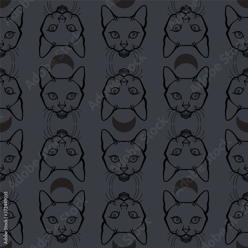 Black and grey witch cat seamless pattern for Halloween. Black cat with moon elements pattern background.