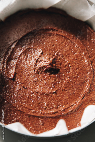Homemade chocolate cake dough ready to get baked