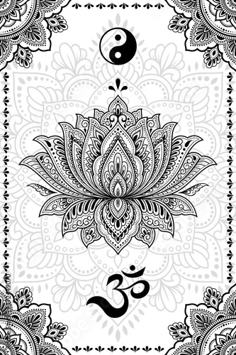 Set of Eastern ethnic religious symbols. Mandala with OM mantra, Yin Yang, Lotus flower. Decorative pattern for henna, mehndi, tattoos, room decoration. Outline doodle vector illustration.