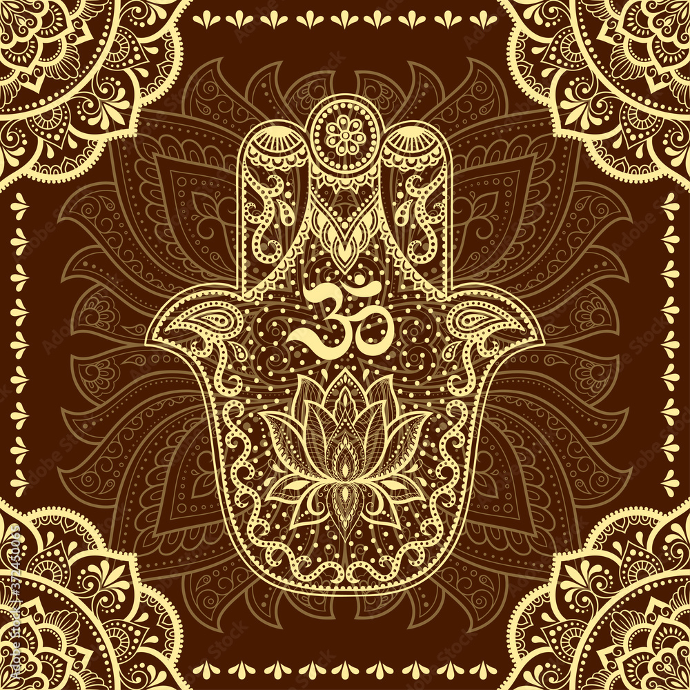 Stylized with henna tattoo decorative pattern for decorating covers book, notebook, casket, postcard and folder. Mandala, Hamsa and border in mehndi style. Frame in the eastern tradition.