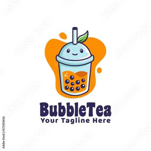 bubble drink tea logo with leaf illustration cartoon character style mascot logo