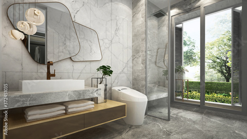 The Beautiful modern cozy bathroom and restroom mock up interior design and marble tile wall background  3D rendering