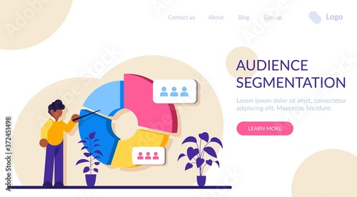 Audience segmentation concept. Man near a large circular chart with images of people. Colorful infographic. Modern flat illustration.