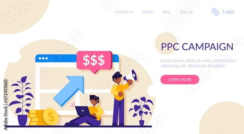 PPC campaign concept. Pay Per Click illustration. Man with a laptop and a loudspeaker advertise a product or customer service. Modern flat illustration.