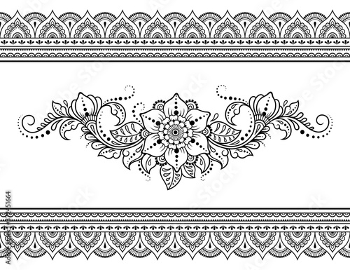 Seamless pattern of mehndi flower and border for Henna drawing and tattoo. Decorative doodle ornament in ethnic oriental, Indian style. Outline hand draw vector illustration.