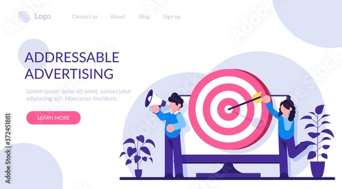 Addressable Advertising concept. Male and female marketers advertise a product or service. Arrow-struck target on the monitor screen. Modern flat illustration.