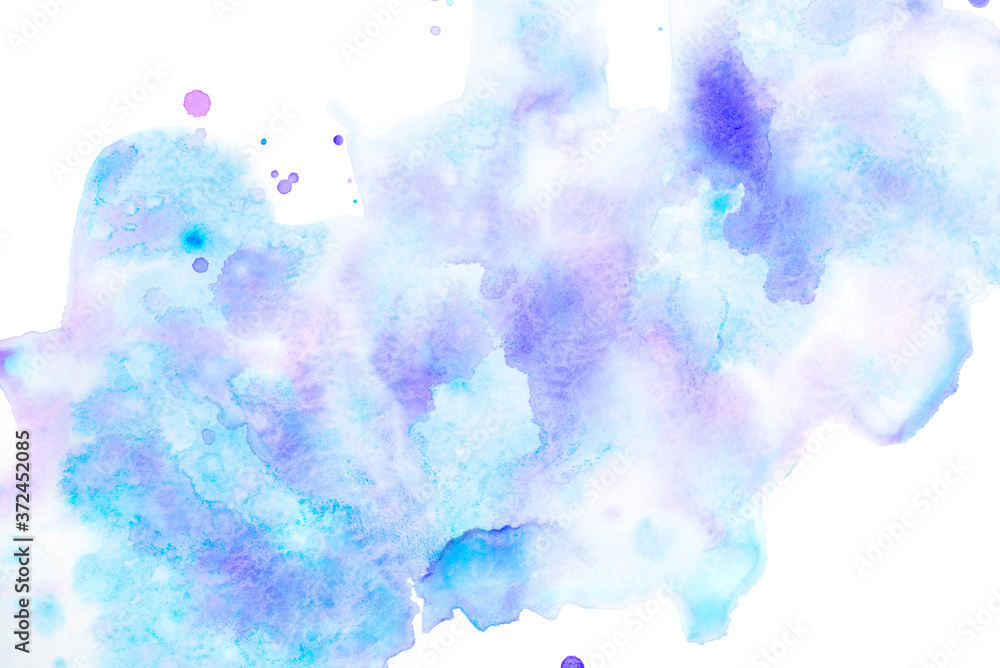 Abstract watercolor background with blue and lilac stains. Copy space.