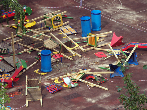 Destroyed Playground for children. Places for active recreation and walking.
