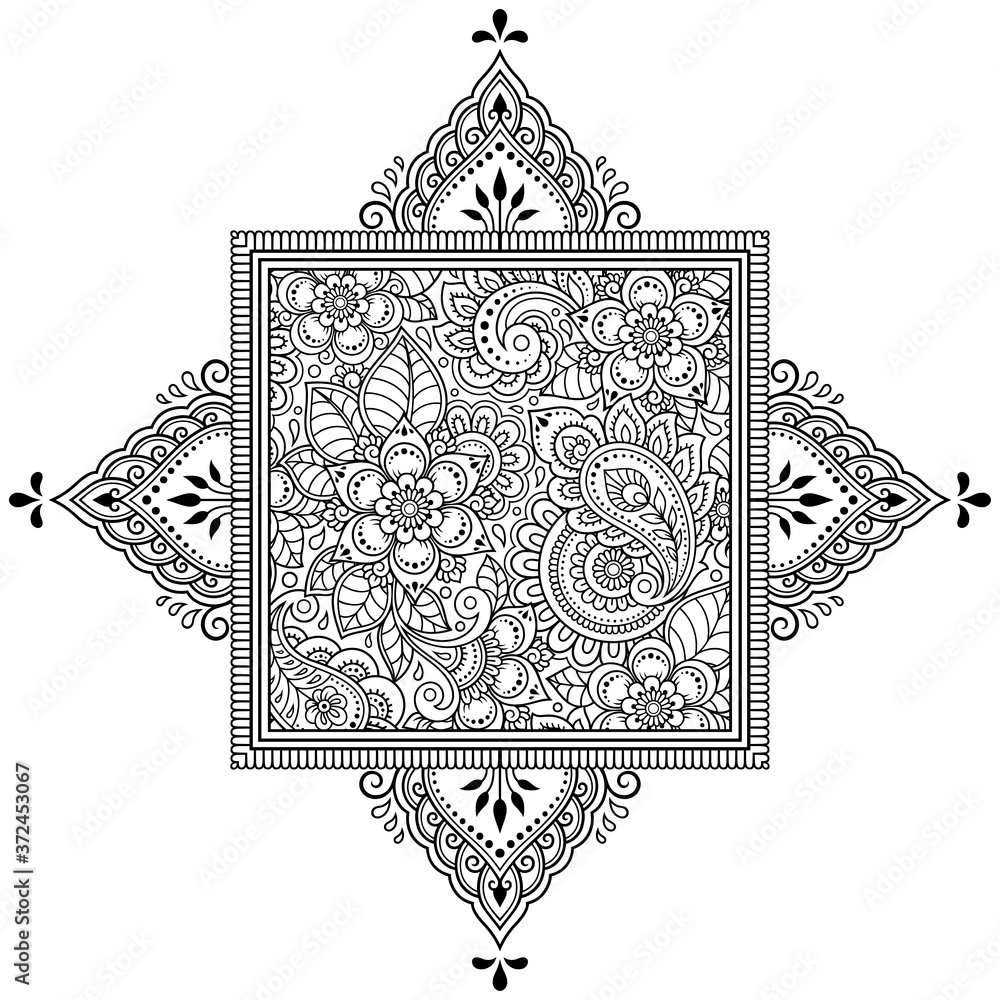 Circular pattern in form of mandala with flower for Henna, Mehndi, tattoo, decoration. Decorative ornament in ethnic oriental style. Outline doodle hand draw vector illustration. Coloring book page.