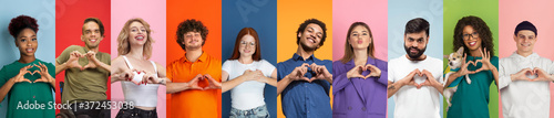 Collage of portraits of 10 young emotional people on multicolored background. Concept of human emotions, facial expression, sales, love, charity. Smiling, gesturing, heart sign with hands, kind.