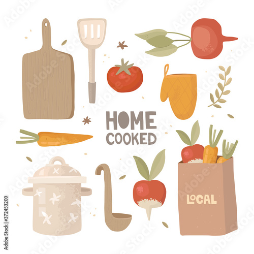 Hand-drawn vector elements. Icons menu design. Tomato, radish, beet, craft bag with vegetables, and the inscription local. Cutting board, saucepan, spoon. Lettering home-cooked. Healthy homemade food.