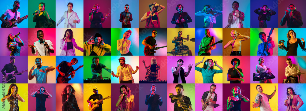 © master1305 - Collage of portraits of 34 young emotional talented musicians on multicolored background in neon light. Concept of human emotions, facial expression, sales. Inspied jazzmen, guitarist, singer, DJ