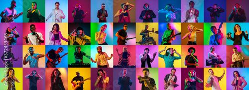 Collage of portraits of 34 young emotional talented musicians on multicolored background in neon light. Concept of human emotions, facial expression, sales. Inspied jazzmen, guitarist, singer, DJ photo