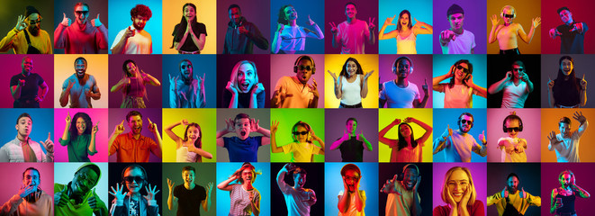 Collage of portraits of 30 young emotional people on multicolored background in neon. Concept of human emotions, facial expression, sales, ad. Listening to music, dancing, shocked, laughting.