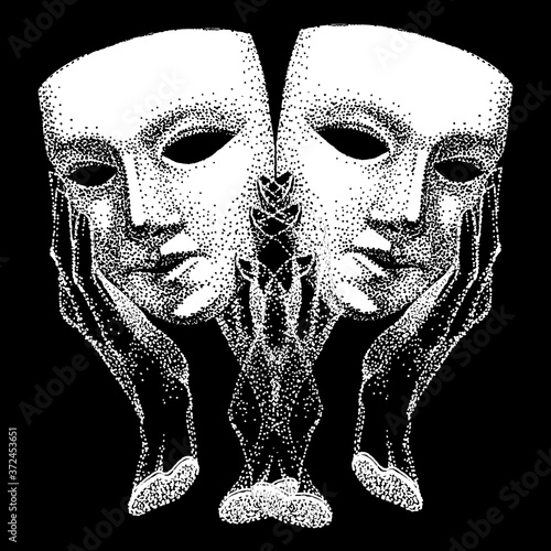 Mask in hands. Symbol of theater, drama. Actor, hypocrite, pretender, trickster, many faces. Vintage drama portrait. hand made drawing in retro style.