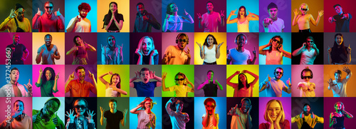 Fotografia, Obraz Collage of portraits of 30 young emotional people on multicolored background in neon