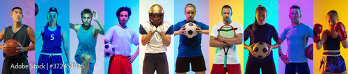 Sport collage of professional athletes or players, sportsmen on multicolored background in neon. Made of different photos of 9 models. Concept of motion, action, power, active lifestyle, competition.