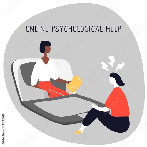 Girl at session with psychologist talks about her problems. Online consultation of psychotherapist. Psychological treatment. Doodle flat vector illustration