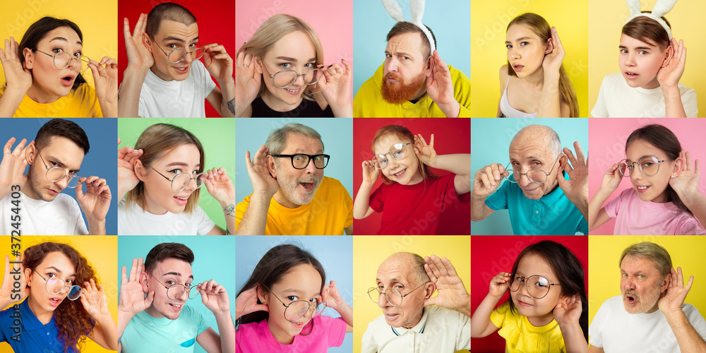 Collage of portraits of 16 young emotional people on multicolored background. Concept of human emotions, facial expression, sales. Listening to secrets, gossips, offers interested and wondered. Collage of portraits of 16 young emotional people on multicolored background. Concept of human emotions, facial expression, sales. Listening to secrets, gossips, offers interested and wondered.