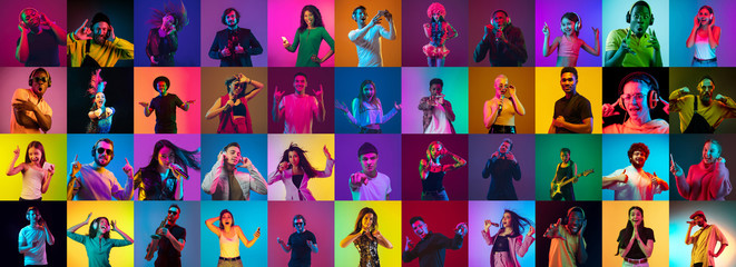 Collage of portraits of 33 young emotional people on multicolored background in neon. Concept of human emotions, facial expression, sales, ad. Listening to music, dancing, shocked, laughting.