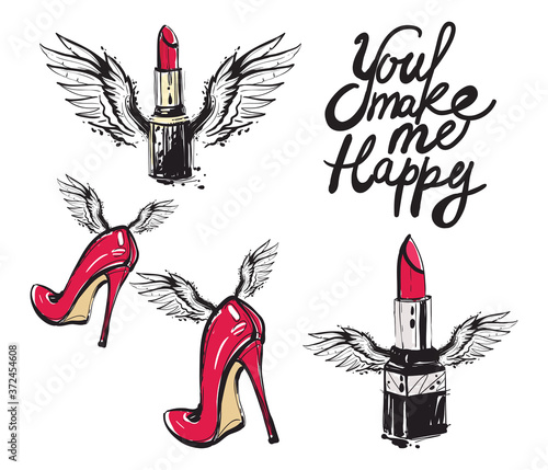 Vector fashion sketch. Hand drawn graphic flying red heels, lipstick with angel wings. Contrasty glamour fashion in vogue style. Isolated elements on white background. You make me happy sign.