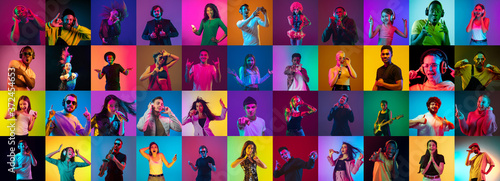 Collage of portraits of 33 young emotional people on multicolored background in neon. Concept of human emotions, facial expression, sales, ad. Listening to music, dancing, shocked, laughting.
