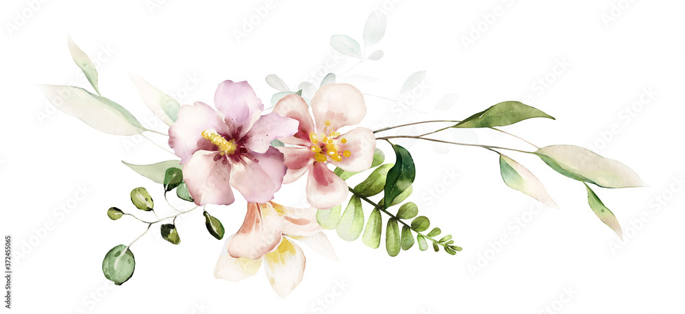 Obraz tropikalna akwarela ziołowa gałąź z liśćmi i kwiatami