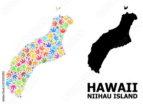 Vector Mosaic Map of Niihau Island of Psychedelic Marijuana Leaves and Solid Map photo