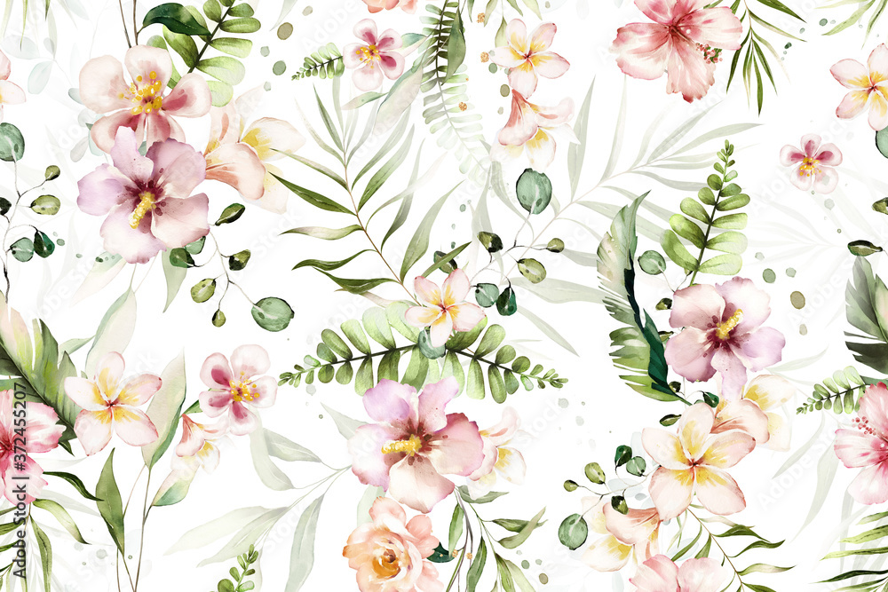 Fototapeta Seamless pattern with tropical leaves and flowers. watercolor  Botanic