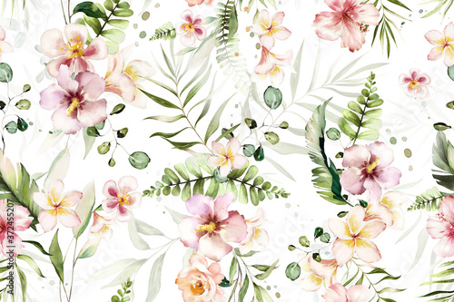Seamless pattern with tropical leaves and flowers. watercolor  Botanic © lisima