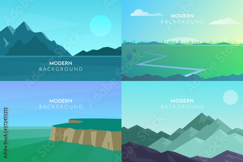 Abstract landscape set, Vector banners set with polygonal landscape illustration, Minimalist style, Flat design