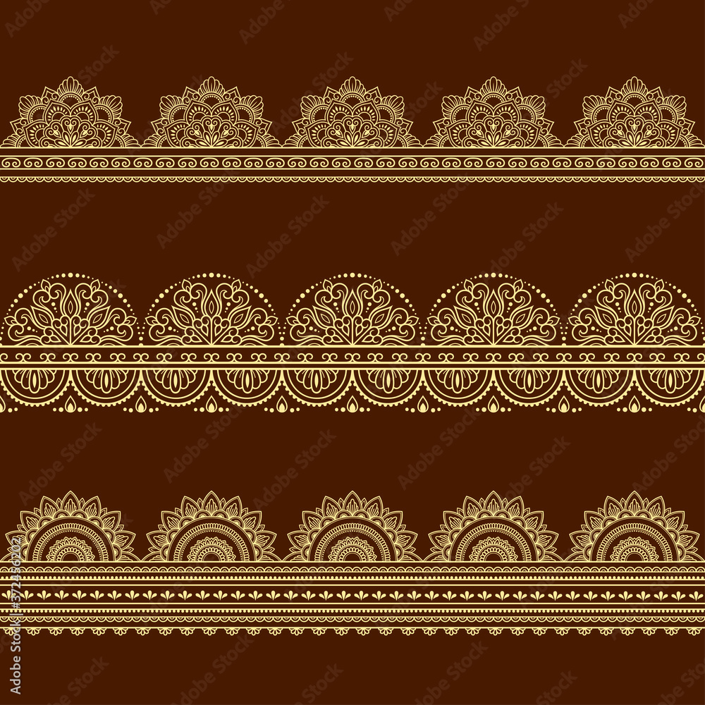 Fototapeta Set of Seamless borders pattern for Mehndi, Henna drawing and tattoo. Decoration in ethnic oriental, Indian style. Doodle ornament. Outline hand draw vector illustration.