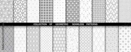 Geometric set of seamless gray and white patterns. Simple vector graphics.