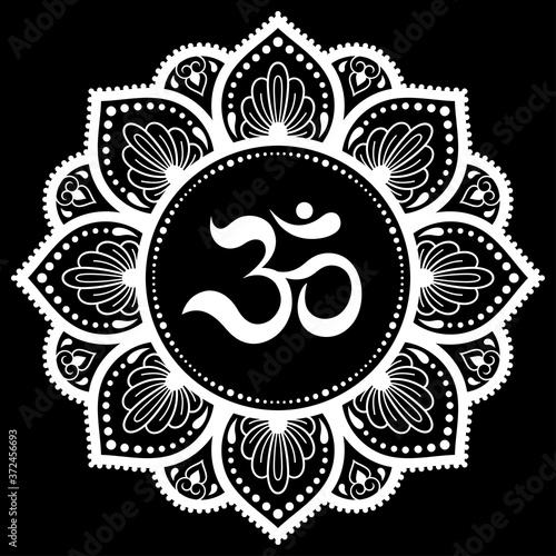 Circular pattern in form of mandala for with flower Henna, Mehndi, tattoo, decoration. Decorative ornament in oriental style with ancient Hindu mantra OM. Outline doodle vector illustration.