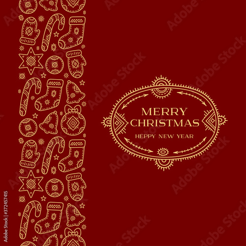 Christmas and New year greetings. A set of decorative elements-a snowman, a gift, a bow, a bell, a Christmas tree, a gift bag, a signet and a candy.