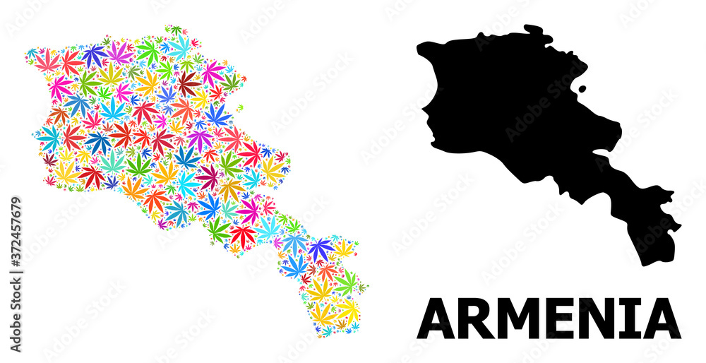 Vector Collage Map of Armenia of Colored Marijuana Leaves and Solid Map