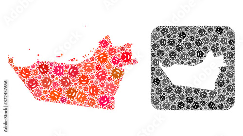 Pandemic virus map of Abu Dhabi Emirate collage designed with rounded square and subtracted space. Vector map of Abu Dhabi Emirate collage of infection virus ojects in variable sizes and color tones.