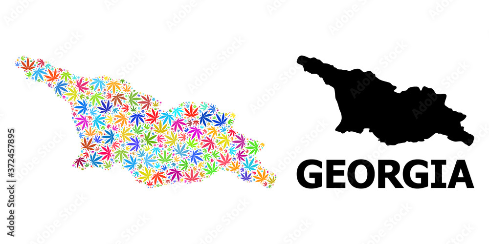 Vector Mosaic Map of Georgia of Bright Hemp Leaves and Solid Map
