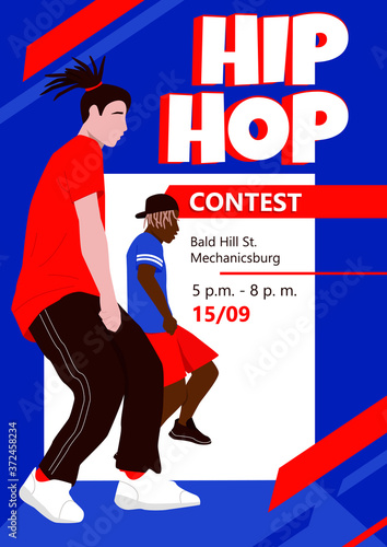 Male dancers rehearsing hip-hop dance or street dance style turfing, krump, jazz-funk choreography in dance class. Print-ready poster template for dance classes. Hobby and leisure. 
