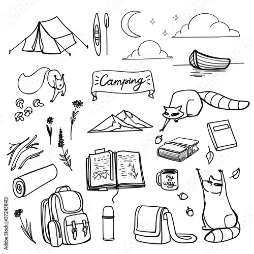 camping doodle set on the white background