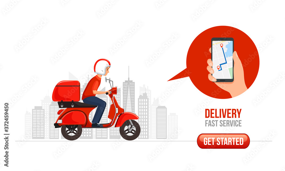 Vector illustration of Delivery fast service with cityscape background.